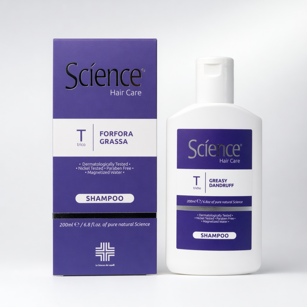 Szampon na łupież tłusty Science 200 ml – butelka z kartonikiem na jasnym tle