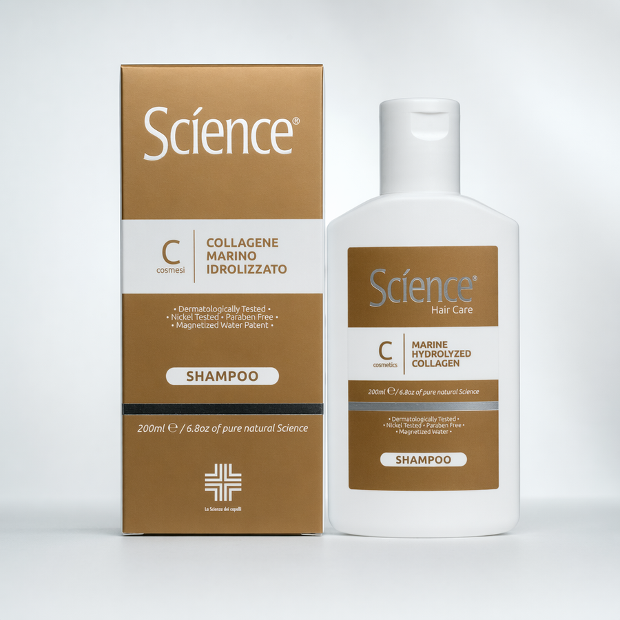 Szampon z 5% kolagenem morskim Science 200 ml – butelka z kartonikiem na jasnym tle