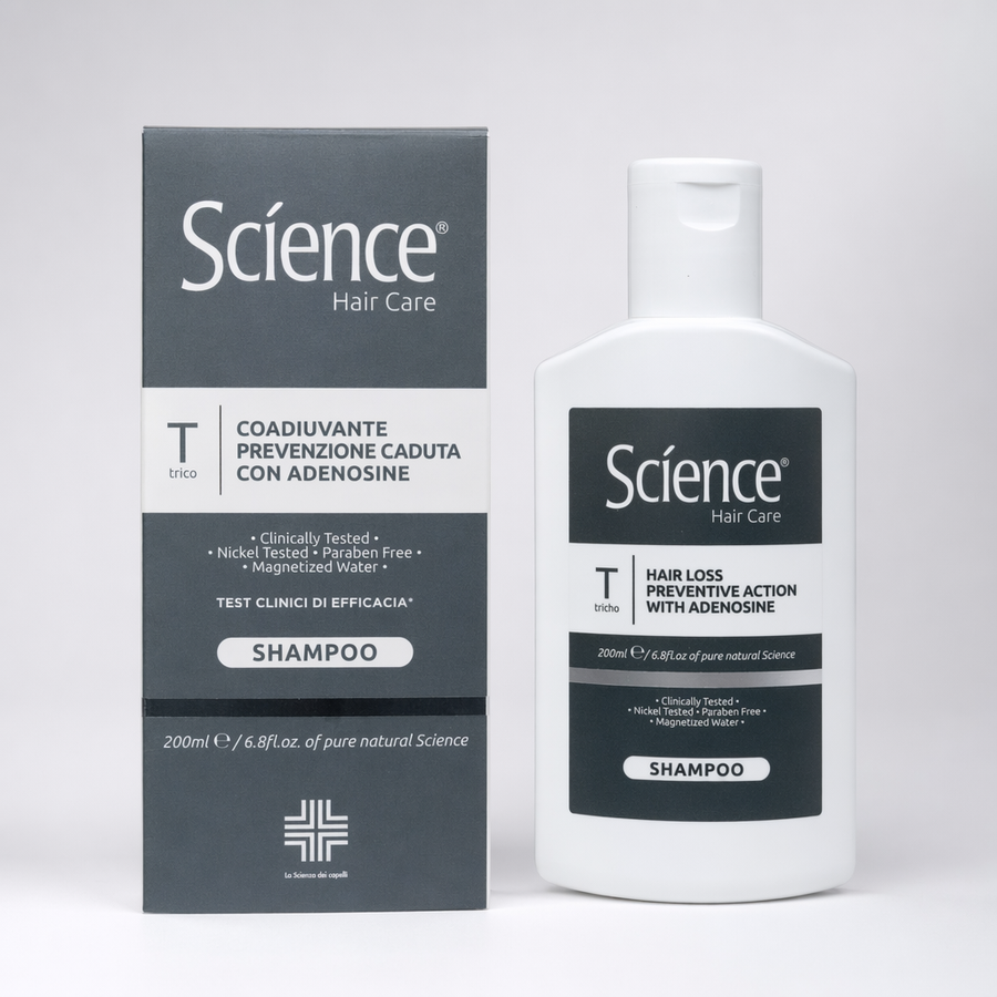 Szampon z adenozyną Science – butelka z kartonikiem na jasnym tle