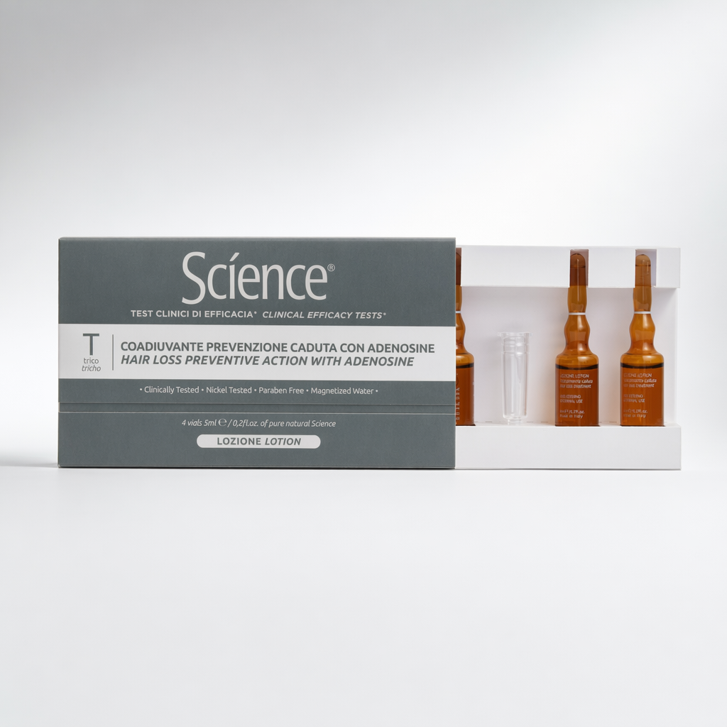 Lotion z adenozyną Science w ampułkach – opakowanie z ampułkami na jasnym tle