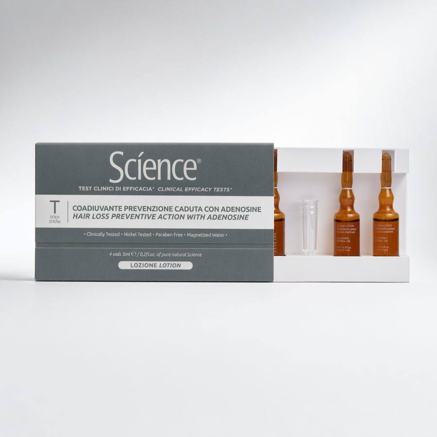 Lotion z adenozyną Science w ampułkach – opakowanie z ampułkami na jasnym tle